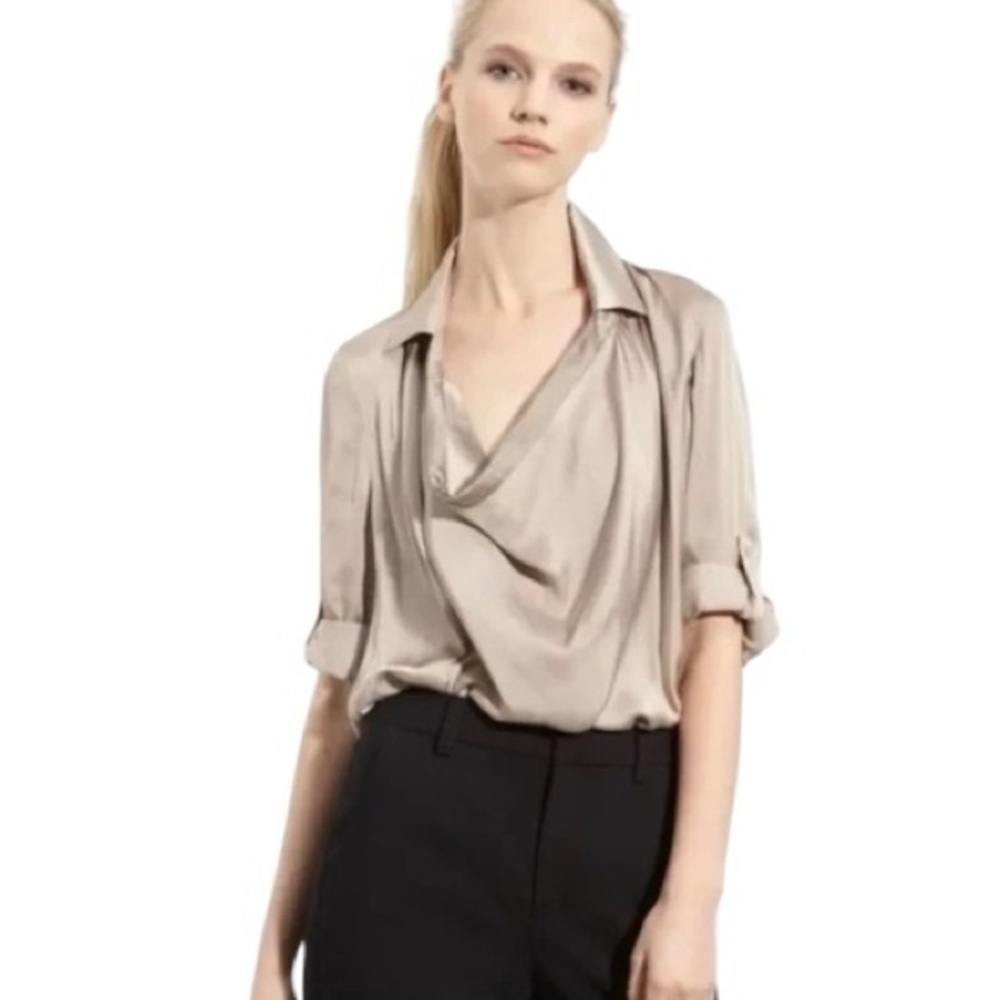 VINCE Woman’s  Classic Collared Cowl Neck Satin Draped Blouse Tab Sleeves Size 6